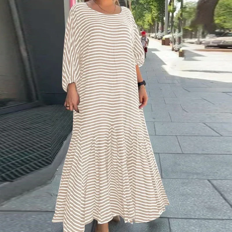 

Elegant Women's O-neck Commuting Loose Dress Spring Bohemian High Waisted Pleated Dresses Casual Striped Printed Hem Long Dress