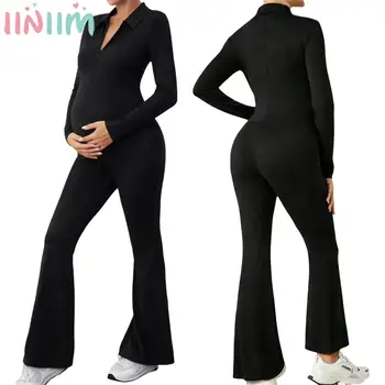 Pregnant Women Workout Flare Jumpsuit Long Sleeve V-Neck Zipper Slim Fitting Butt Lifting Romper for Daily Office Work Sports