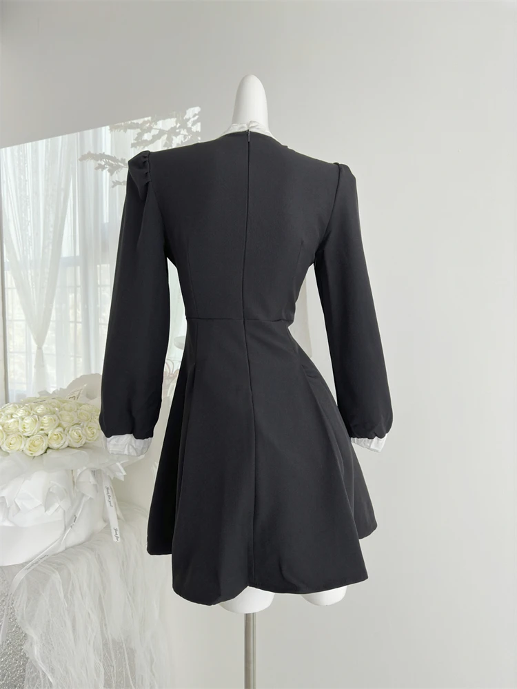 Elegant Evening Dresses for Women Patchwork O-neck Long Sleeves A-line Party Dress Korean Fashion French Retro Vestidos Mujer