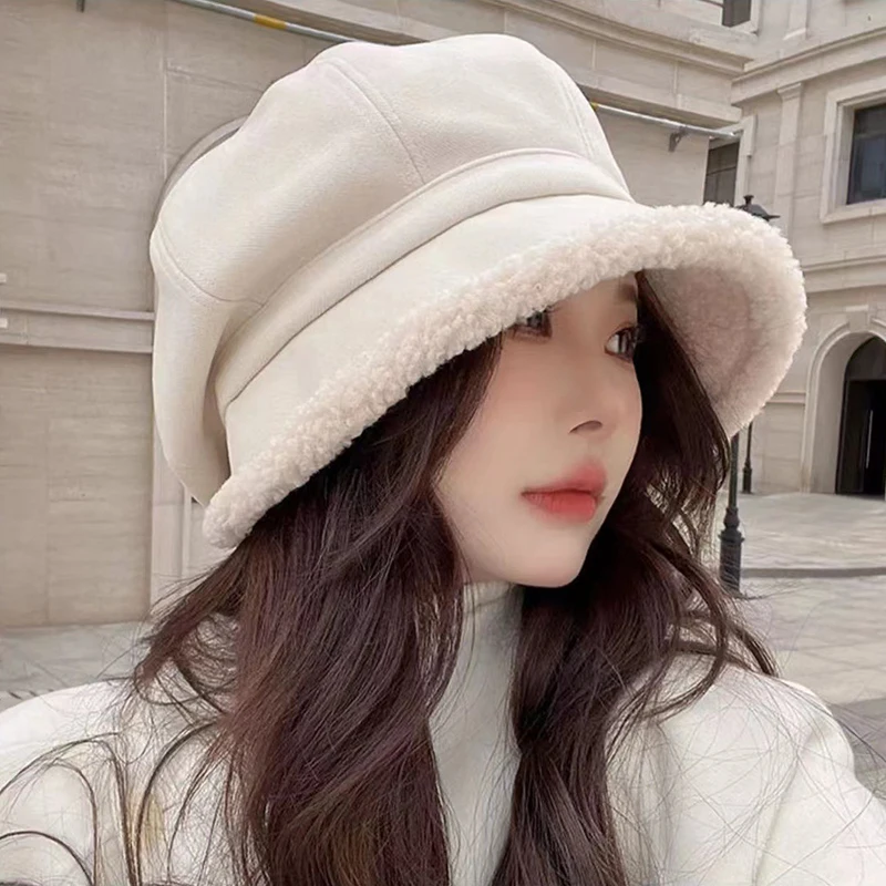 

2024 Beret Hat For Women Winter Octagonal Hats For Women Retro Solid Color Velvet Newsboy Cap Female Keep Warm New Bucket Hat