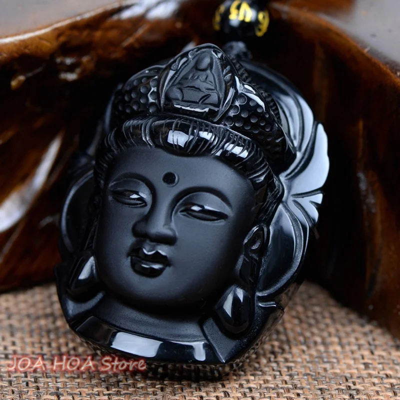

Bead Chain Real Certified Natural Obsidian Scrub Pendant Black Guanyin Head Necklace Transhipped Buddha Head Fine Jewelry