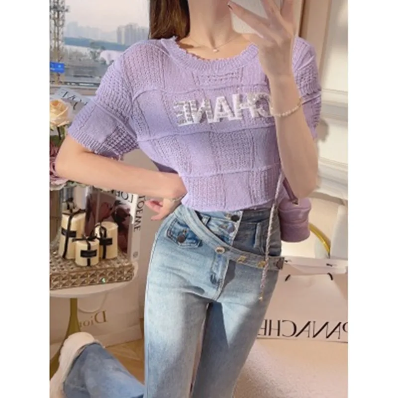 

BULOCHOVA Summer Runway Designer Thin Short T Shirt Sweater Women Pullover Letter Diamond Chic Knitted Crop Tops 2023 New