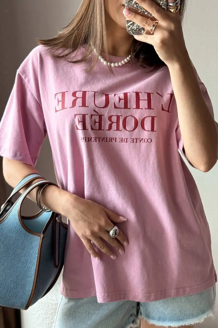 Pink Short Sleeve T-shirt Women's Loose Casual Round Neck Letter Print Thin Top 2