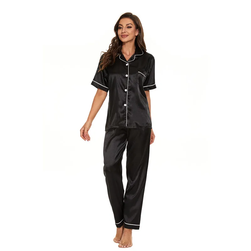 Women Satin Party Pajamas Set 2 Pieces Short Sleeve Casual Homewear Spring Summer Silk Sleepwear Set