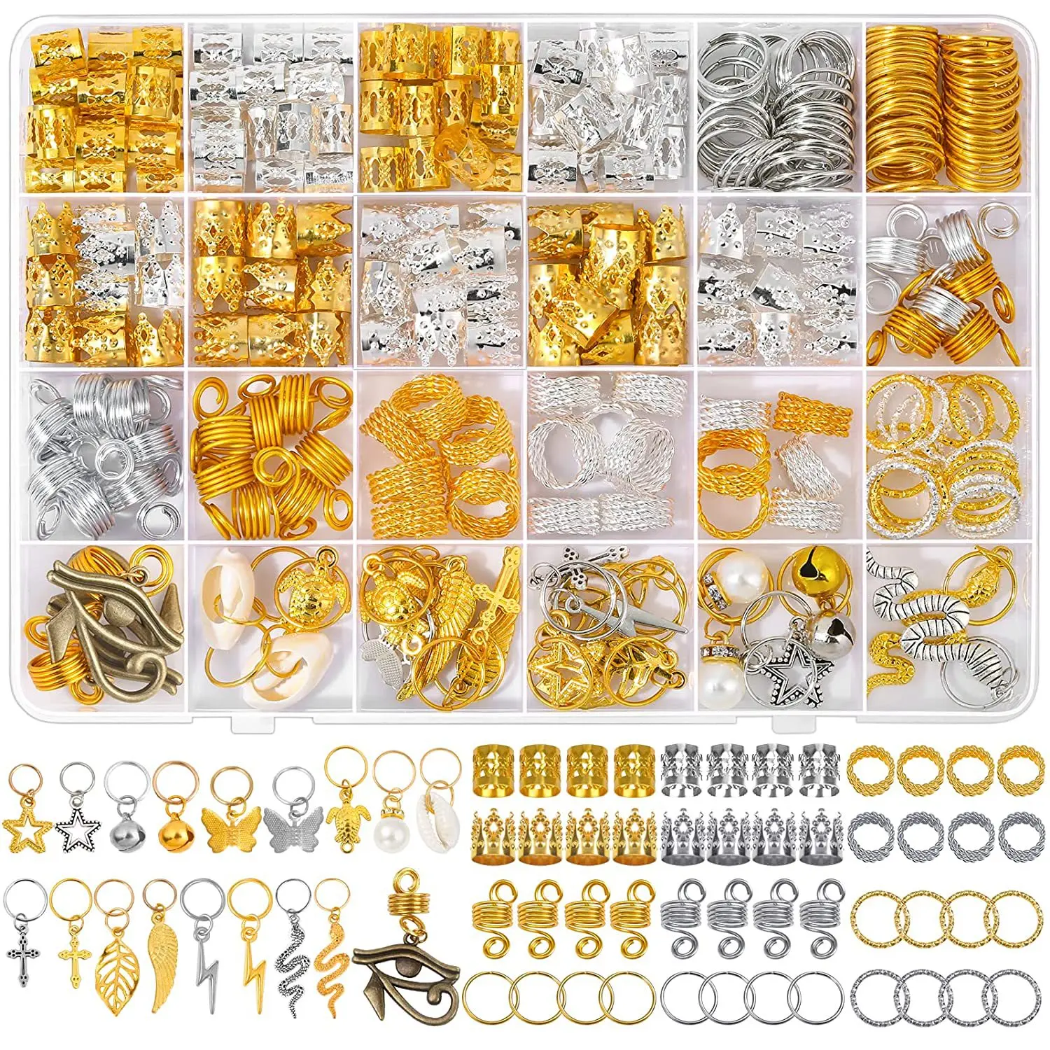 

294Pcs Golden Color Crown Hair Rings Sets Hollow Out Dreadlocks Beads for Hair Accessories and Hair Jewelry Hair Beads