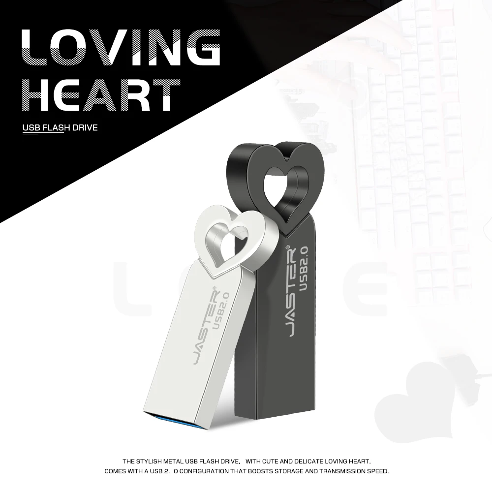 JASTER USB 2.0 Flash Drive 64GB Heart-shaped Metal Fashion Pen drive 32GB 16GB High speed Memory stick 8GB 4GB U disk For Laptop