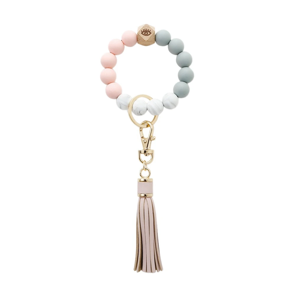 

Silicone Wristlet Keychain Bracelet Car Beaded Key Ring Tassel Keychain Beaded Bangle for Women - G