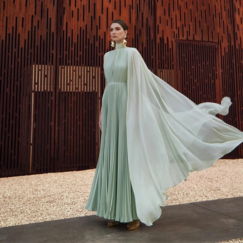 

Modern Light Green Chiffon Evening Dresses High Neck A Line Pleated Halter Vestidos Para Eventos Especiales Dresses For Women