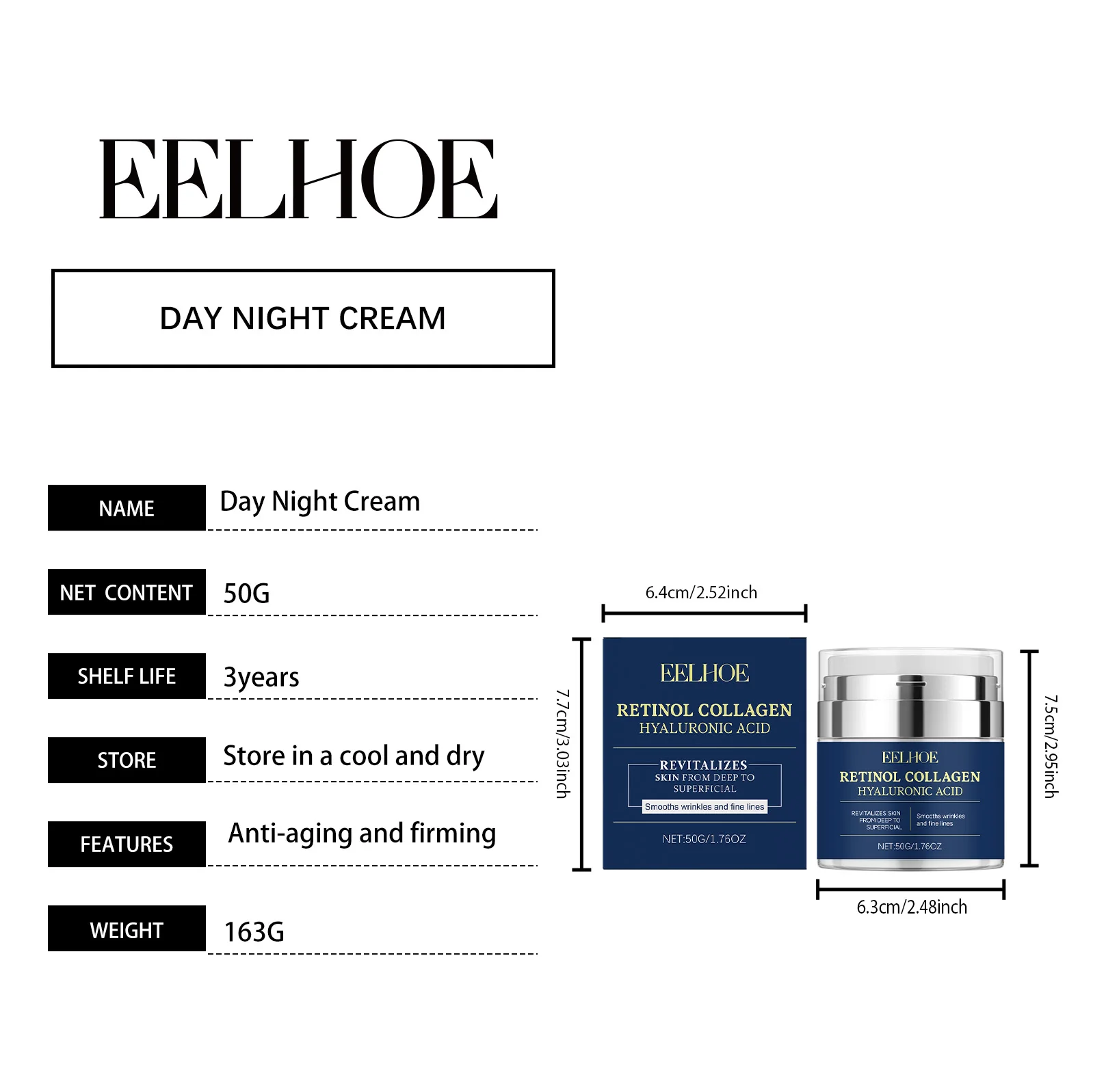 EELHOE Retinol Collagen Cream Wrinkle Remover Reduce Fine Lines Tighten Skin Firming Hyaluronic Acid Lifting Facial Moisturizer