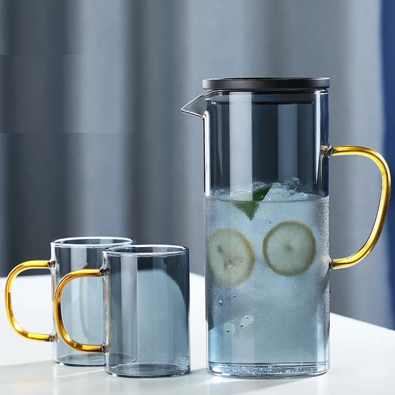 Thickened Glass Cold Kettle, Household Juice Kettle with Cover Filter, High Borosilicate Teapot Cup Set, Creative Gift