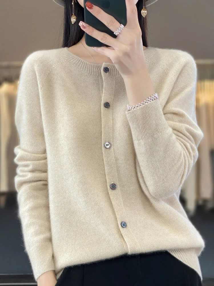 New Fashion Women Autumn Winter Cardigan 100% Merino Wool O-neck Solid Basic Long Sleeve Cashmere Knitted Sweater Female Clothes