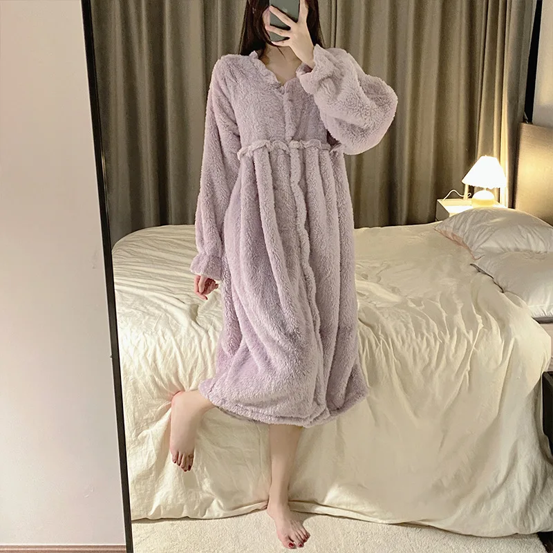 Winter Flannel Nightgowns Fleece Long Sleeve Warm Nightdress Autumn Thermal Thicken Korean Sleepshirt Pajamas Home Dressing Gown