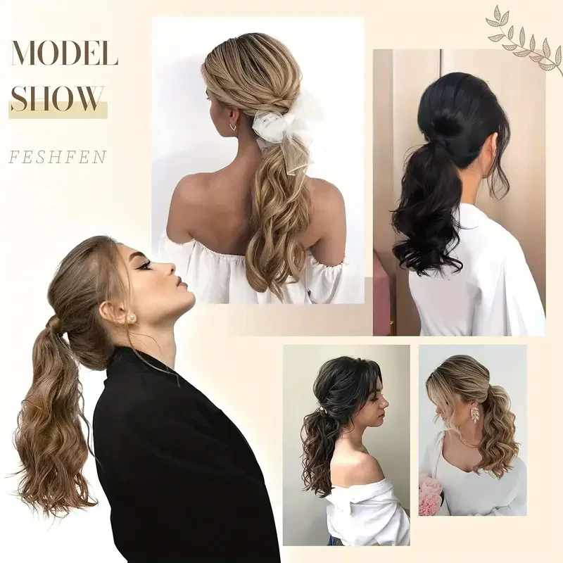 WIGSIN 14Inch Synthetic Short Wavy Curly Wrap Around Clip in Ponytail Hair Extension Black Brown Hairpiece for Women