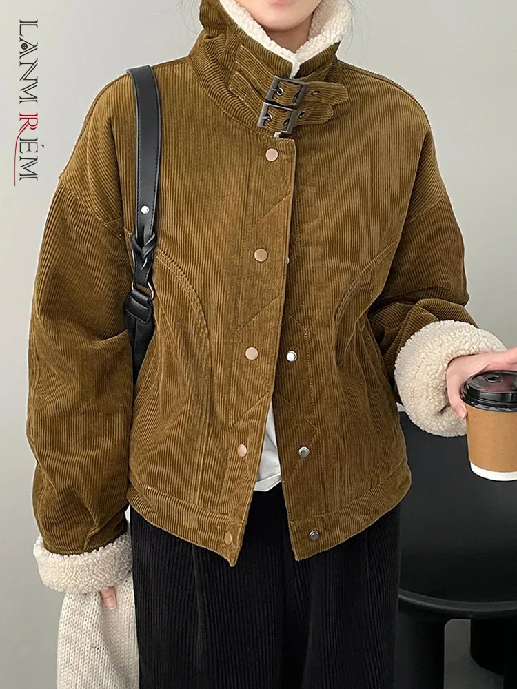 

[LANMREM] Corduroy Thick Warm Coats For Women Turtleneck Single Breasted Long Sleeve Vintage Outwear 2023 Winter New 26D6915