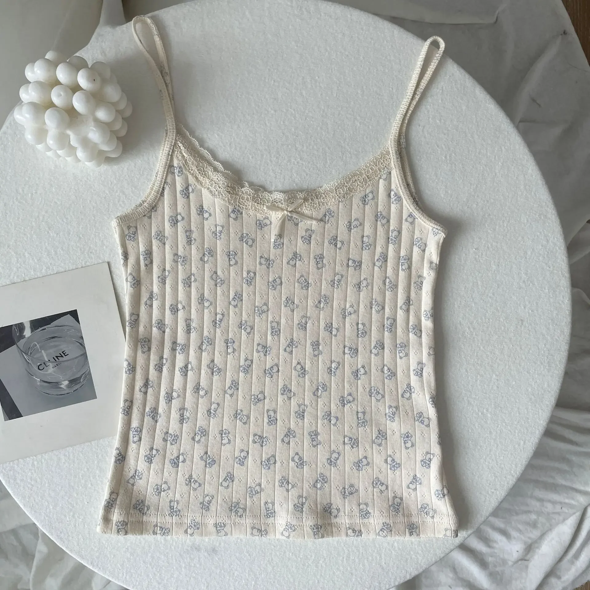 Floral Eyelet Lace-Trim Bow Tank Top - Women's Slim Cotton Camisole