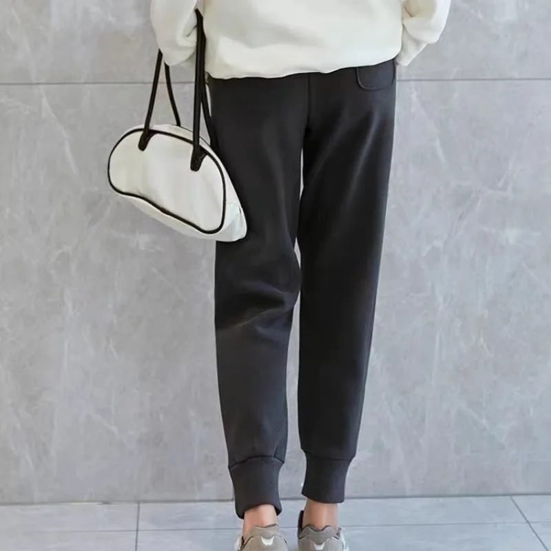 Women's Autumn Winter 2024 New Thick High Waisted Elastic Drawstring Loose Solid Color Pockets Casual Sports Versatile Wei Pants