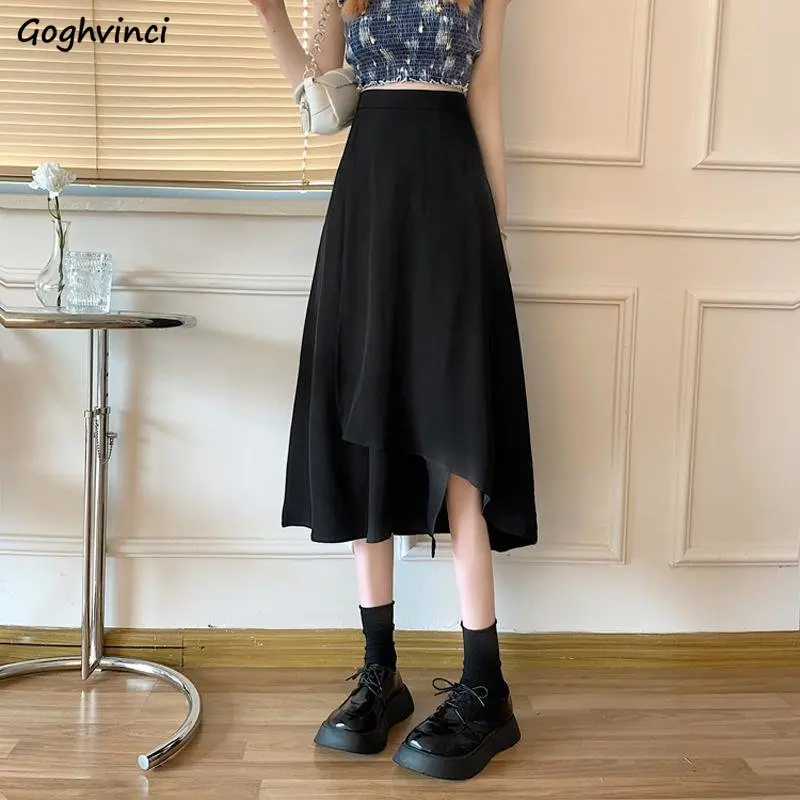 

Skirts Women Black Summer New French Style Empire Irregular Design Simple S-4XL Casual Clothing Elegant Daily Jupe Femme Retro
