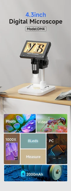 Hayve 4.3" IPS Digital Microscope – 1000x Magnification, 8 Adjustable LEDs, Includes 32GB TF Card – Great For Coins, Soldering, Hobbies