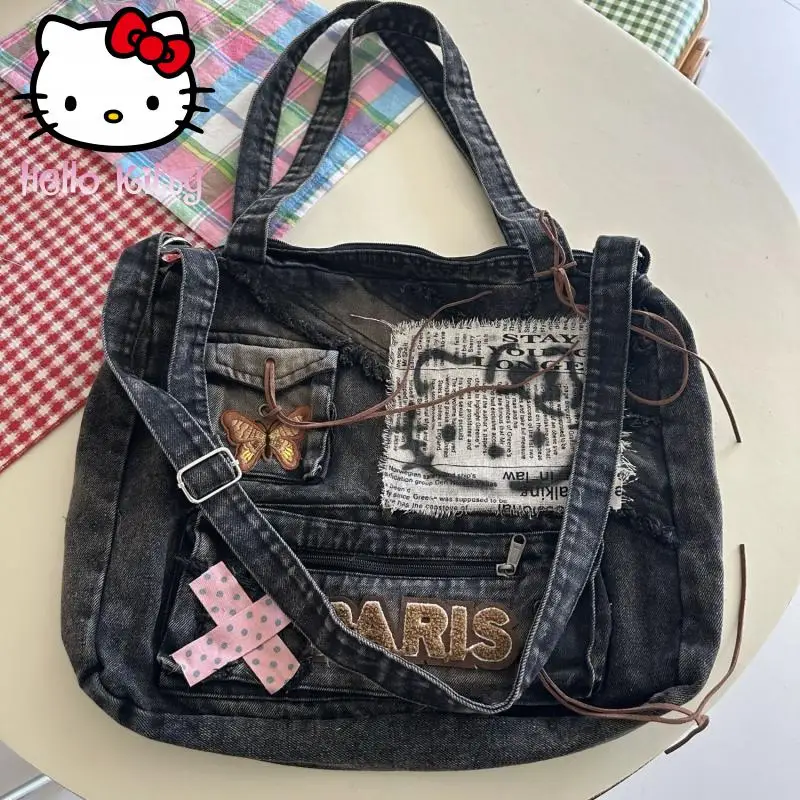 

Hello Kitty Cowboy Shoulder Cross Shoulder Backpack Cute Anime Cartoon Retro Style High-Capacity Y2K Hot Girl Tote Bag Girl Gift