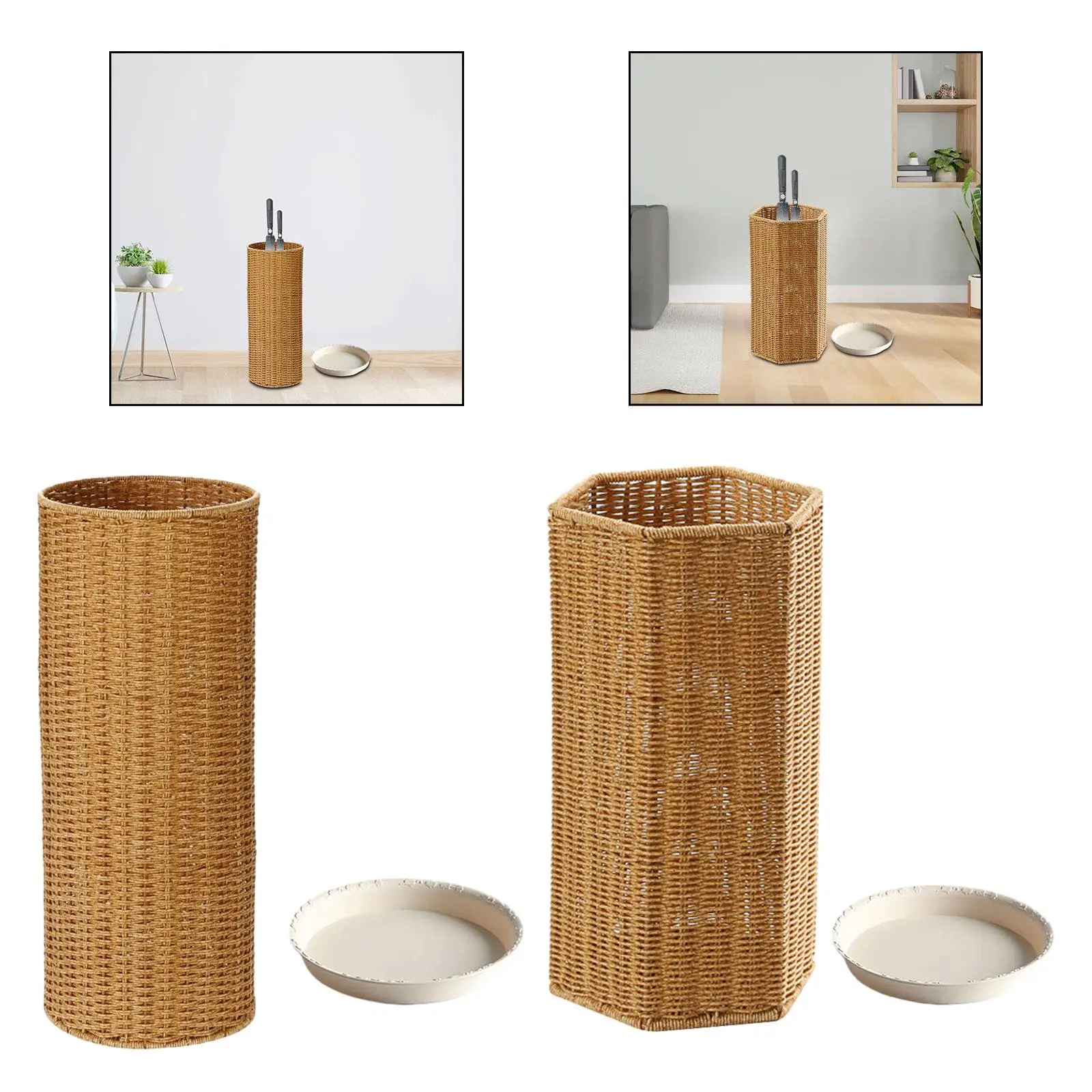 Umbrella Holder Weaving Umbrella Stand with Dip Tray Vintage Style Yoga Mats Umbrella Holder Bucket for Doorway Porch Entryway Bathroom Hallway