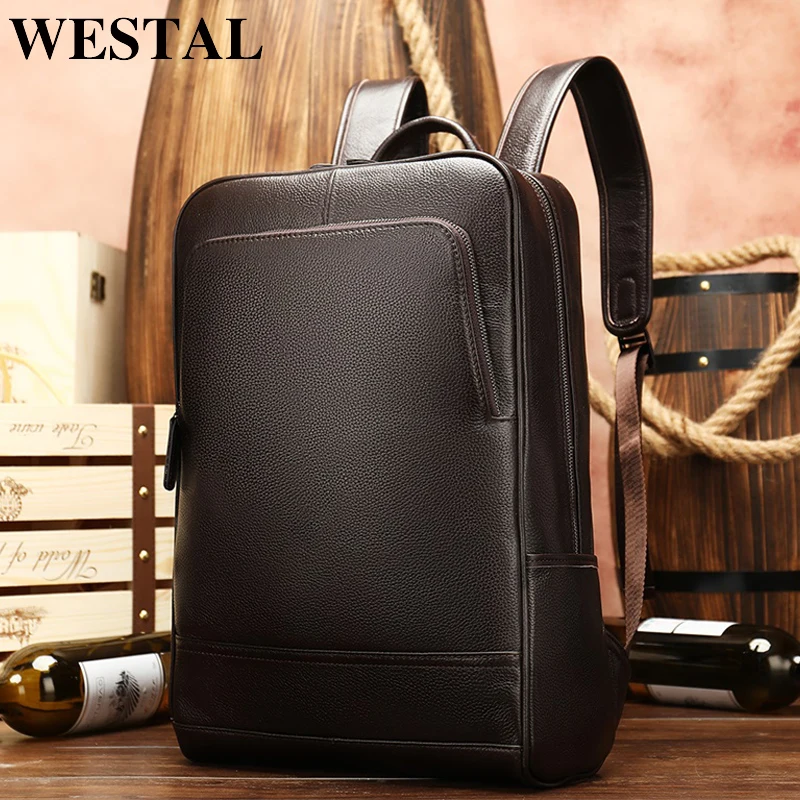 

Рюкзак WESTAL с защитой от кражи мужской, кожаный водонепроницаемый ранец для ноутбука 15 дюймов, школьные и дорожные портфели для подростков