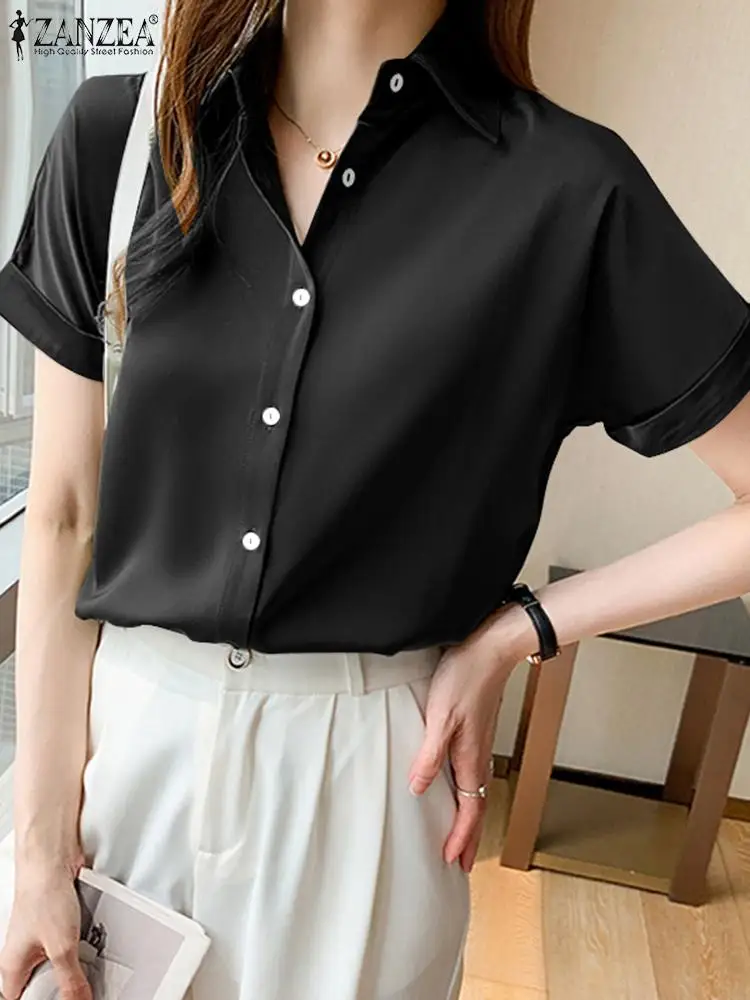 

Женская летняя Рабочая Рубашка ZANZEA, Женская офисная блузка с коротким рукавом, туника, топы, повседневные однотонные Блузы с отложным воротником в офисном стиле на пуговицах