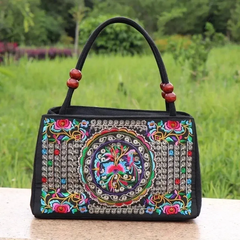 Yogodlns New Ethnic Style Embroidery Bag Double Zipper Double Sided Women Shoulder Crossbody Bag
