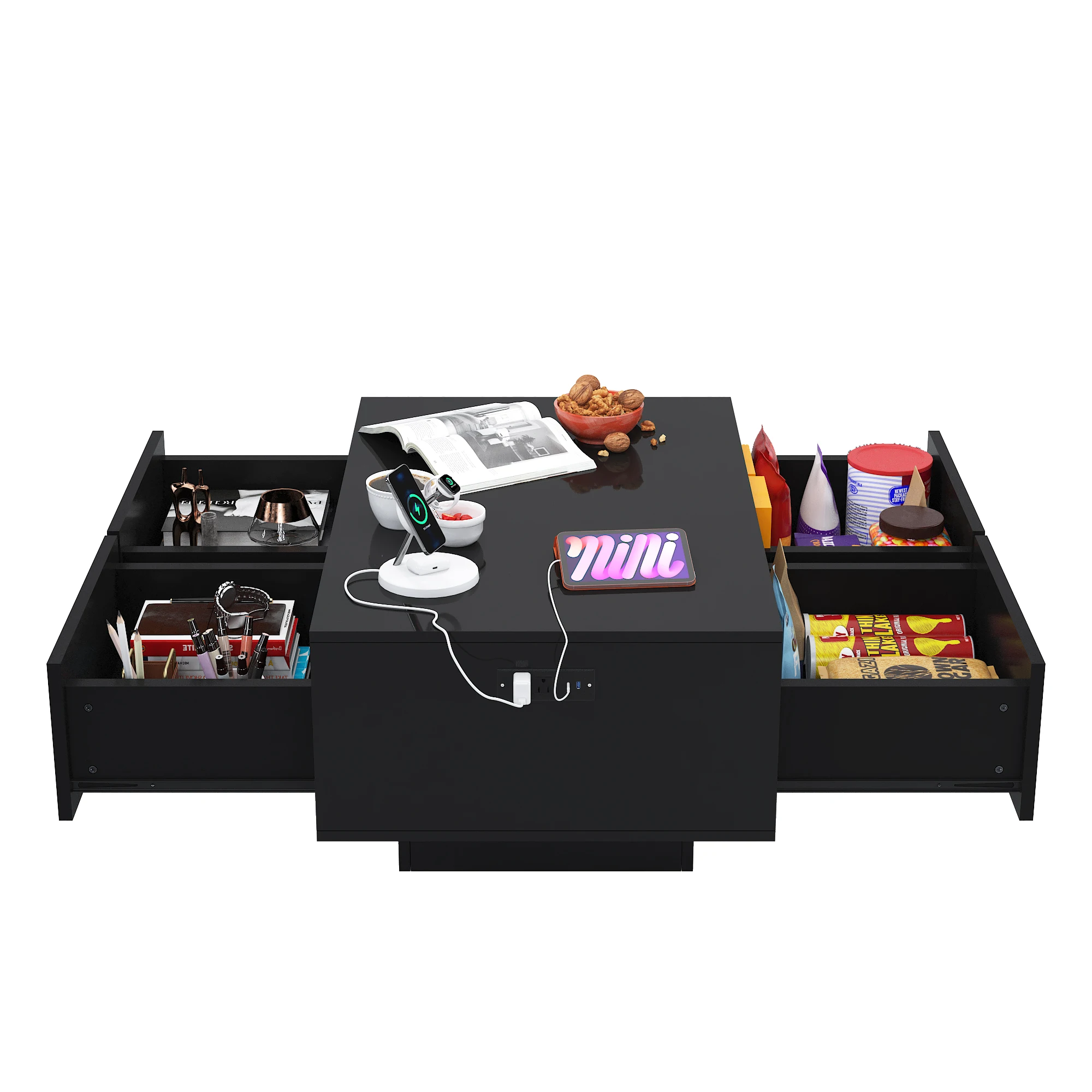 LED Coffee Table with Storage, Modern High Glossy Center Table with 4 Sliding Storage Drawers & Charging Station, Black/White