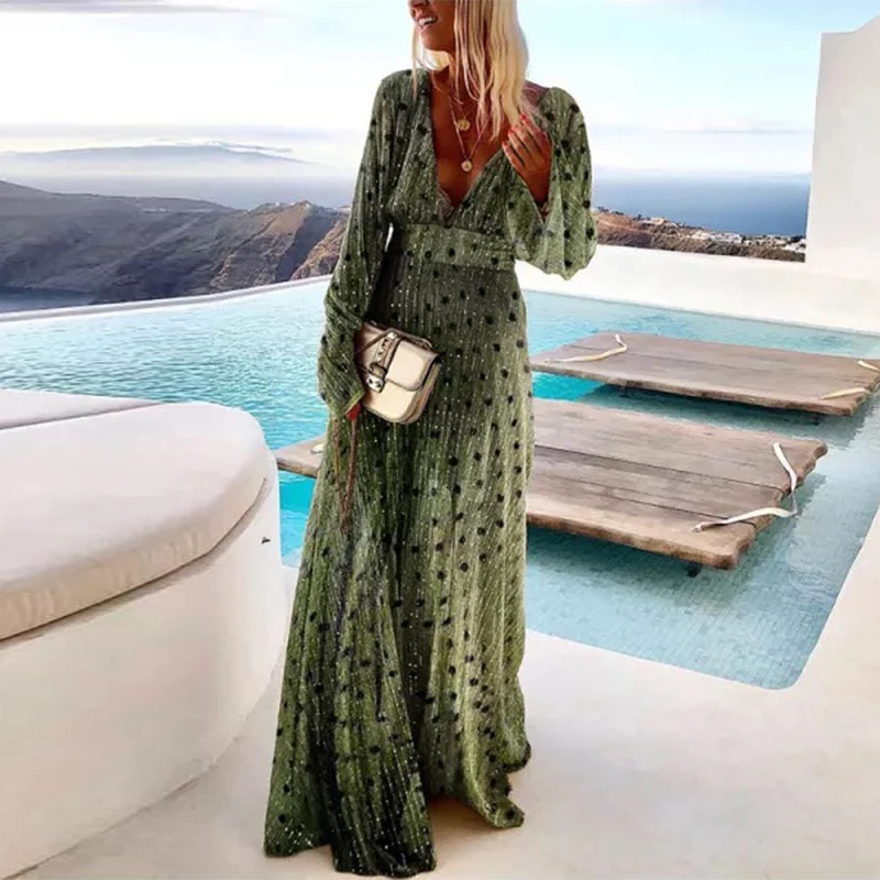 Vestido Largo Bohemio De Verano Para Mujer, Con Lunares Suizos, Manga Corta, Abombada, Cuello Cuadrado, Elástico, Con Volantes, Vestido De Playa Fluido, Verde