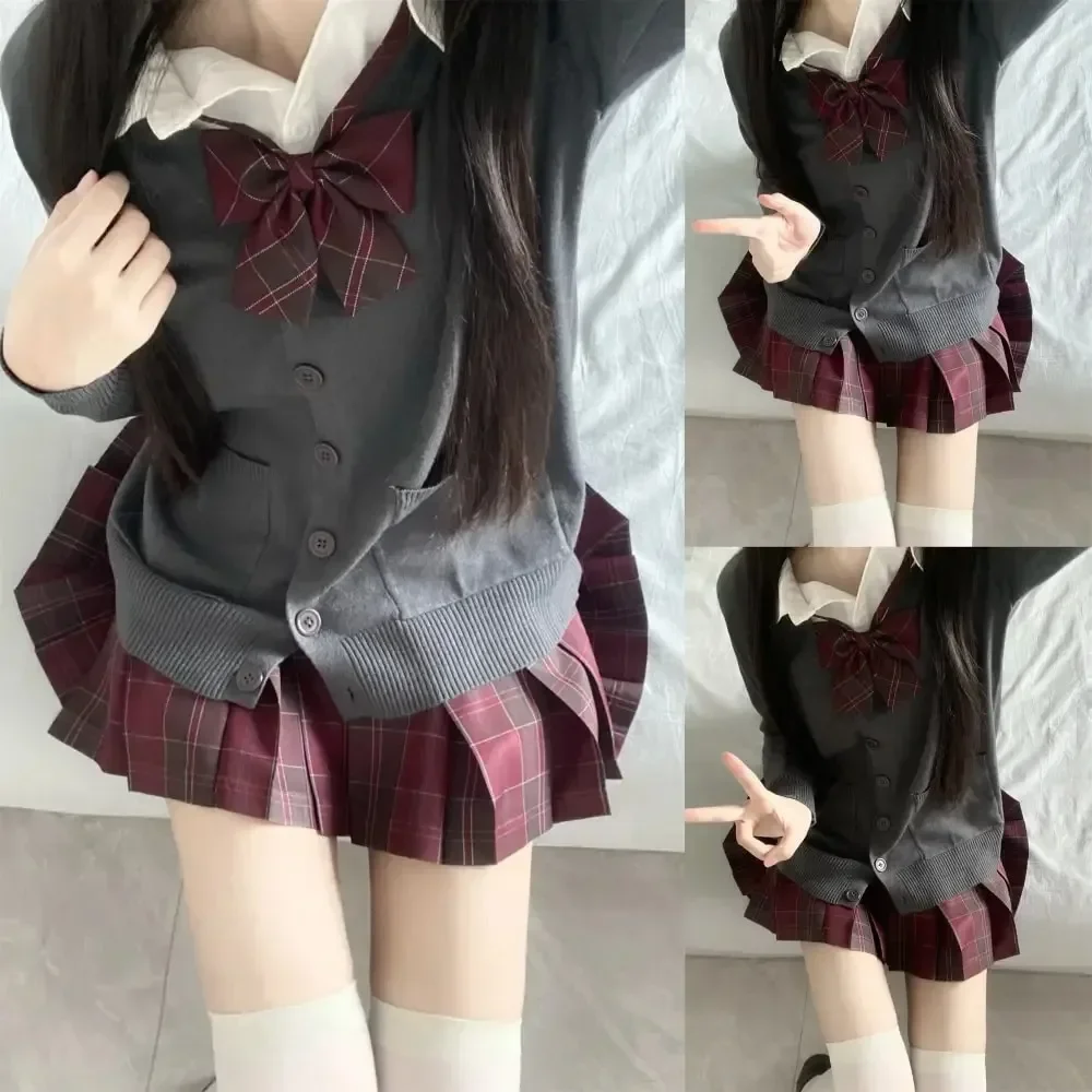 Japanese school uniform 3Pc set japanese korean school uniforms multicolor sweater plaid pleat skirt bow jk uniform suit graduation costumes for women