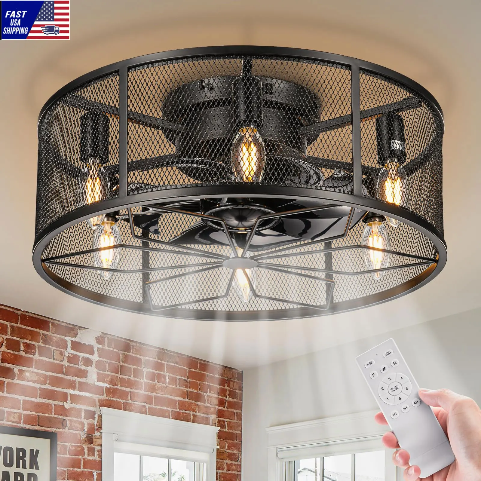 18'' Black Flush Mount Farmhouse Low Profile Small Caged Ceiling Fan with Lights Remote Control Ceiling Fan Lights Fixture