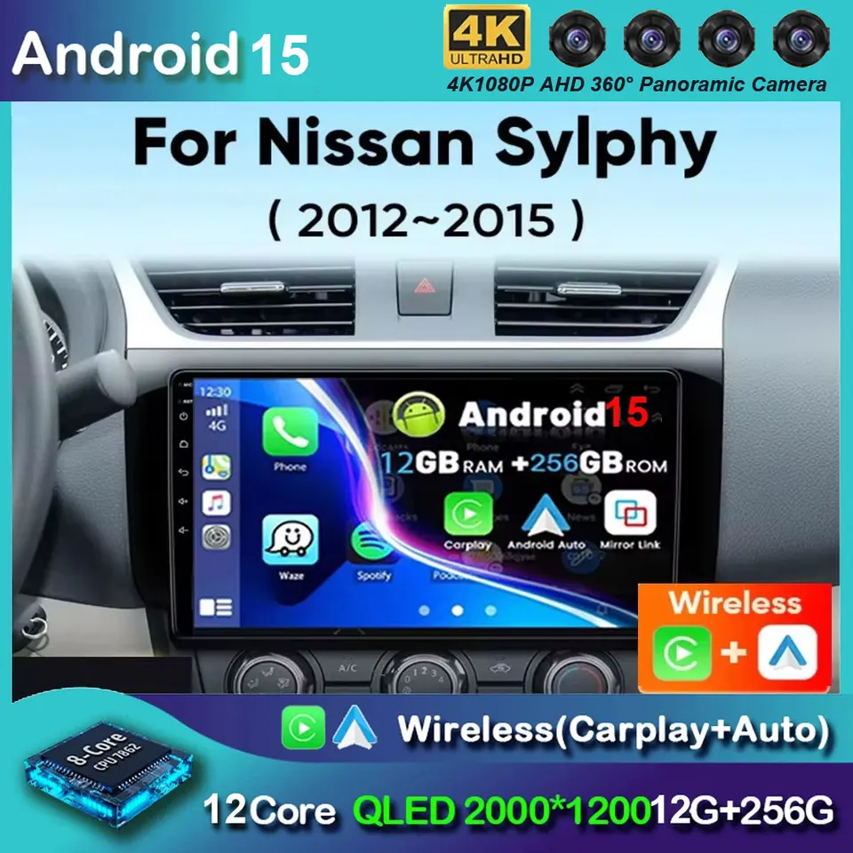 OiLiehu Autoradio Android 13 Per Nissan Sylphy B17 / Sentra 2013-2018 - 10.1'' Con CarPlay Wireless, Android Auto, GPS, 4+64GB, Bluetooth, WiFi, SWC + Telecamera Posteriore