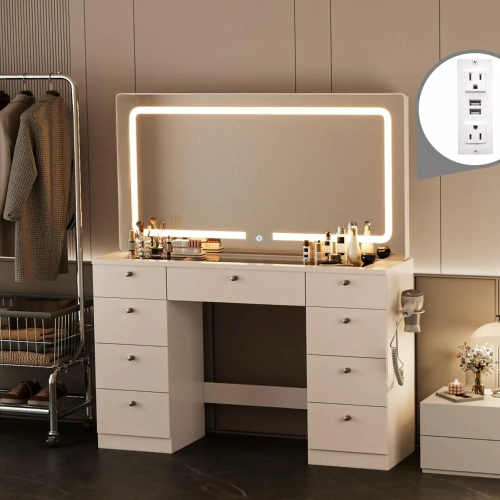 Makeup Vanity Desk with Mirror - 46 INCH Glass Tabletop Vanity Table with Lights, Drawers, Power Outlet, Large Storage Desk