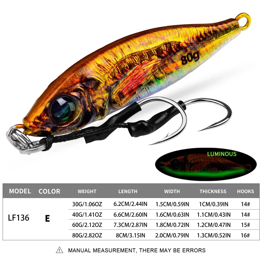 30g-80g Luminous Artificial Baits Vertical Jigs Fishing Saltwater