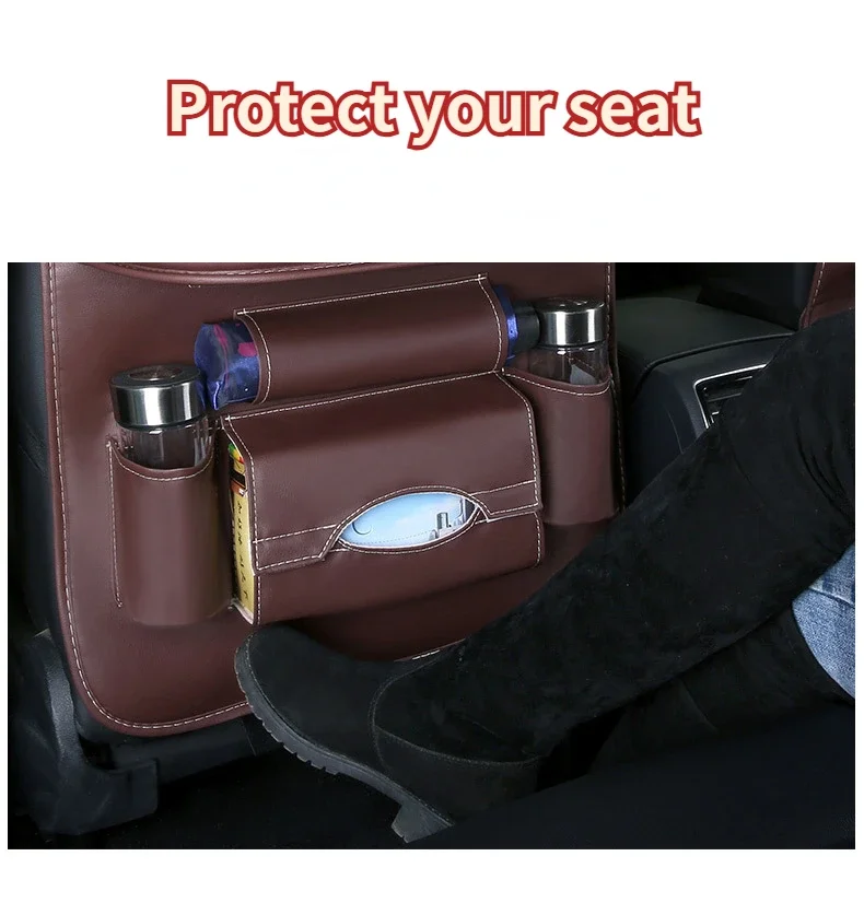 Luxury Leather Car Seat Organizer with Foldable Tray and Storage Pockets