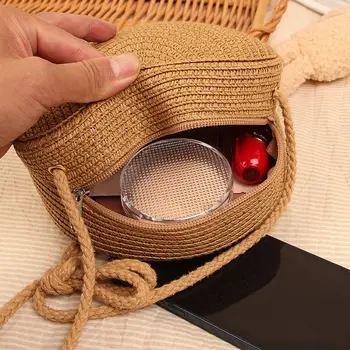 حقيبة كروس متقاطعة مع الجسم مستديرة منسوجة من القش للنساء ، حقيبة كتف لطيفة من الراتان ، حقيبة محبوكة يدوية الصنع ، حقيبة يد صغيرة للسيدات ، أطفال 6