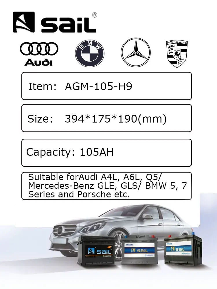thumbnail image 1 of Batería AGM de 12 V y 105 Ah de ciclo profundo de Sail Batería de vehículo START-STOP Batería de automóvil para BMW Benz Audi Cayenne, 1 of 5