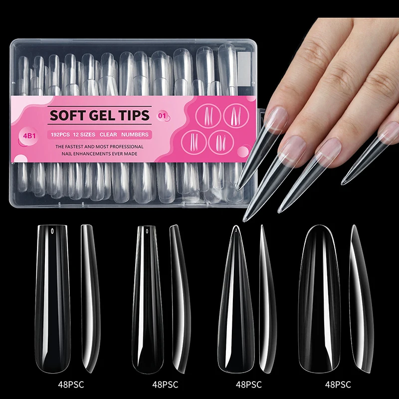 192PCS Mix 4 Shapes Clear XL Long Stiletto Square Coffin Almond Full Length False Nail Tips Manicure Fingernails Extension Set