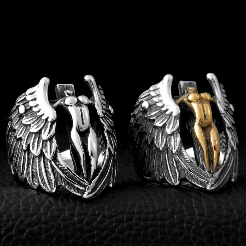 7/8/9/10/11/12/13 Stainless Steel Silver Color Naked Angel Wings Cross Men Ring Punk Finger Jewelry Drop Shipping Wholesale