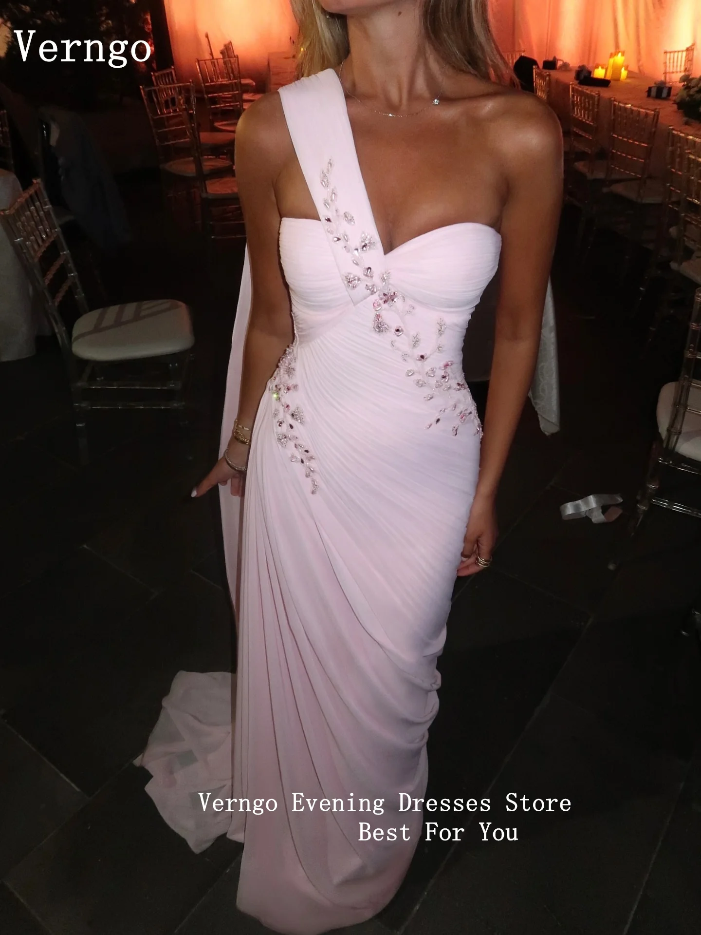 Verngo Pink Shiny Beading Formal Occasion Dresses One Shoulder A Line Prom Gowns Modest Arabic Evening Dress Customized 5
