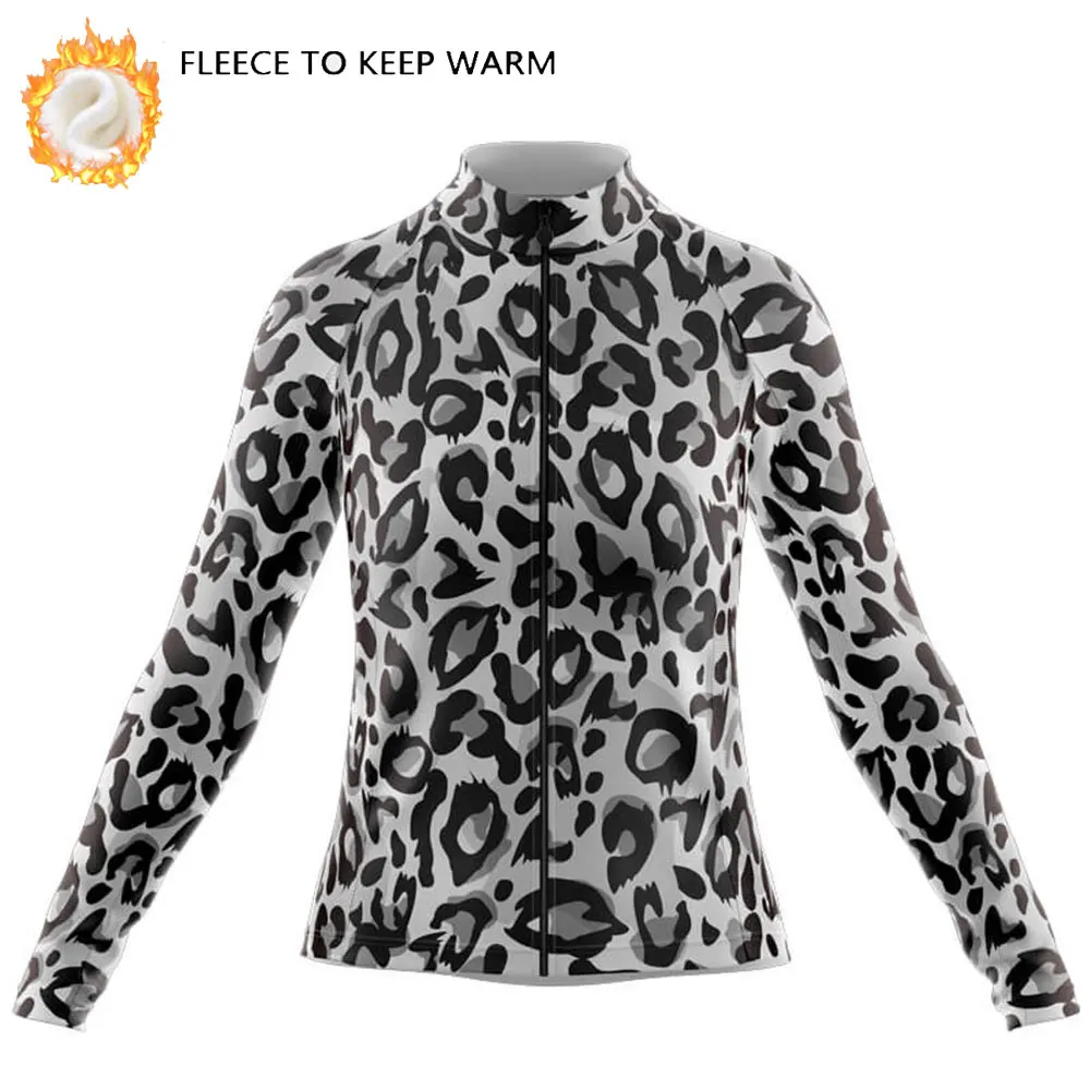 Woman's Winter Cycling Jersey Winter Outdoor Road Bike Riding Warm Cycling Tops Leopard Print Fashion Long Sleeve Sportwear
