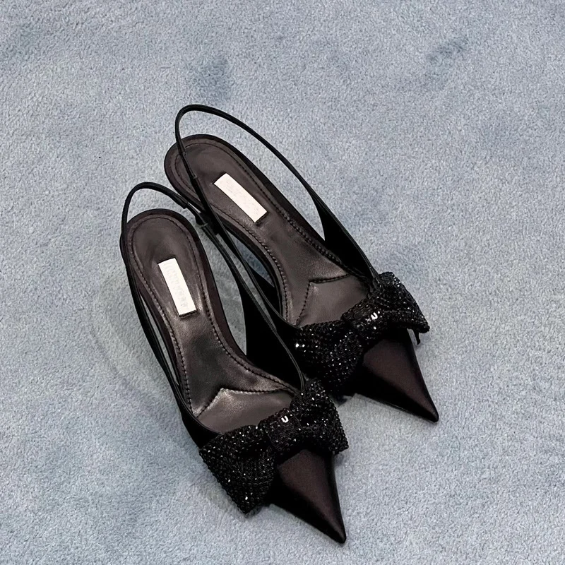 

High version m new style pointy bow diamond high-heeled shoes real silk satin cat heel sandals woman