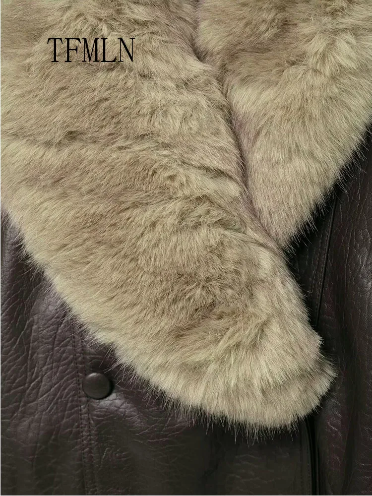 New Winter Women Collar Detachable Faux Leather Jacket Chic Causal Double Breasted Loose Coat High Street Long Sleeve Outwear