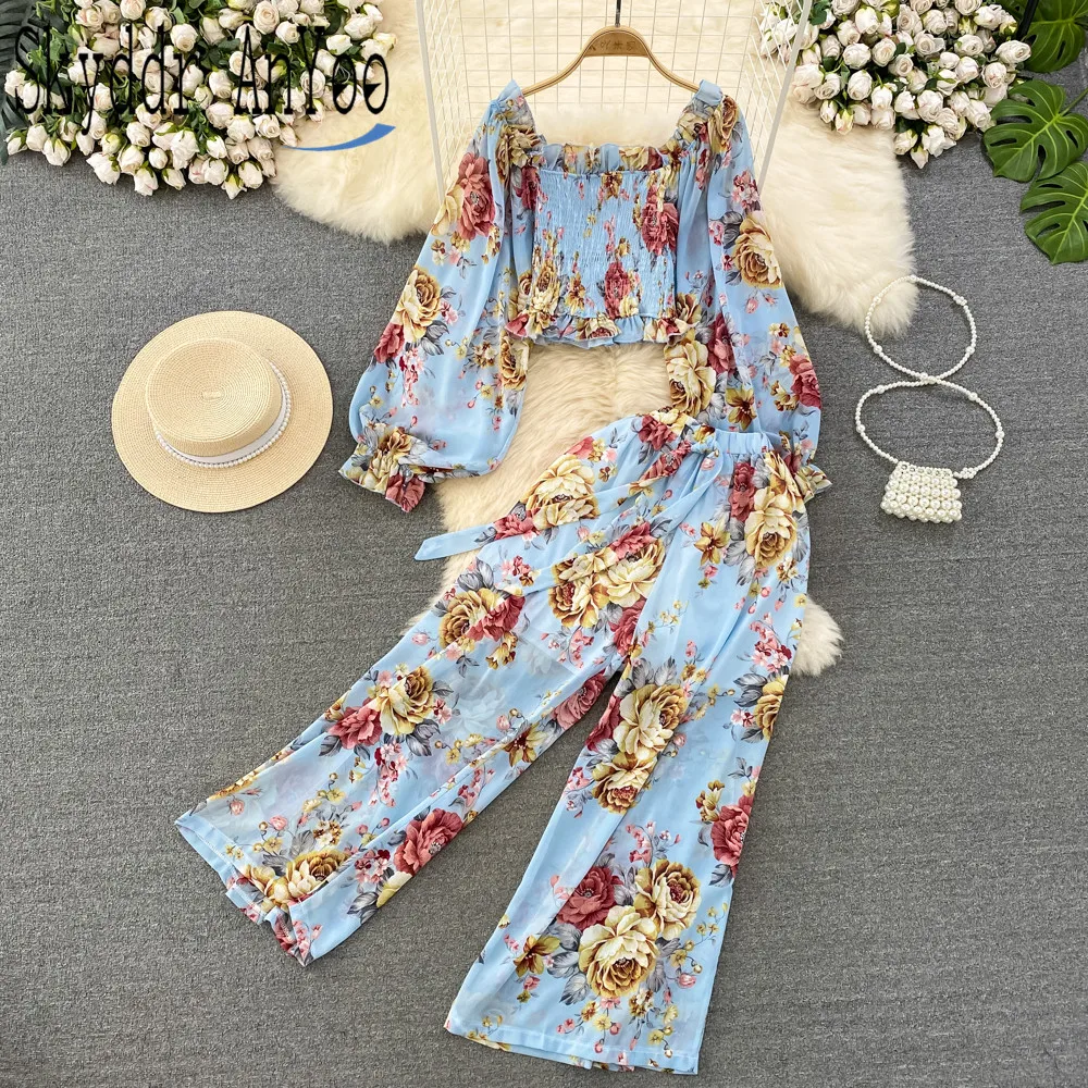 

Fashion Women's Summer Suit Printed Two Piece Pant Sets Long Sleeve Square Neck Shirt Top And High Waist Wide Leg 2 Piece Sets