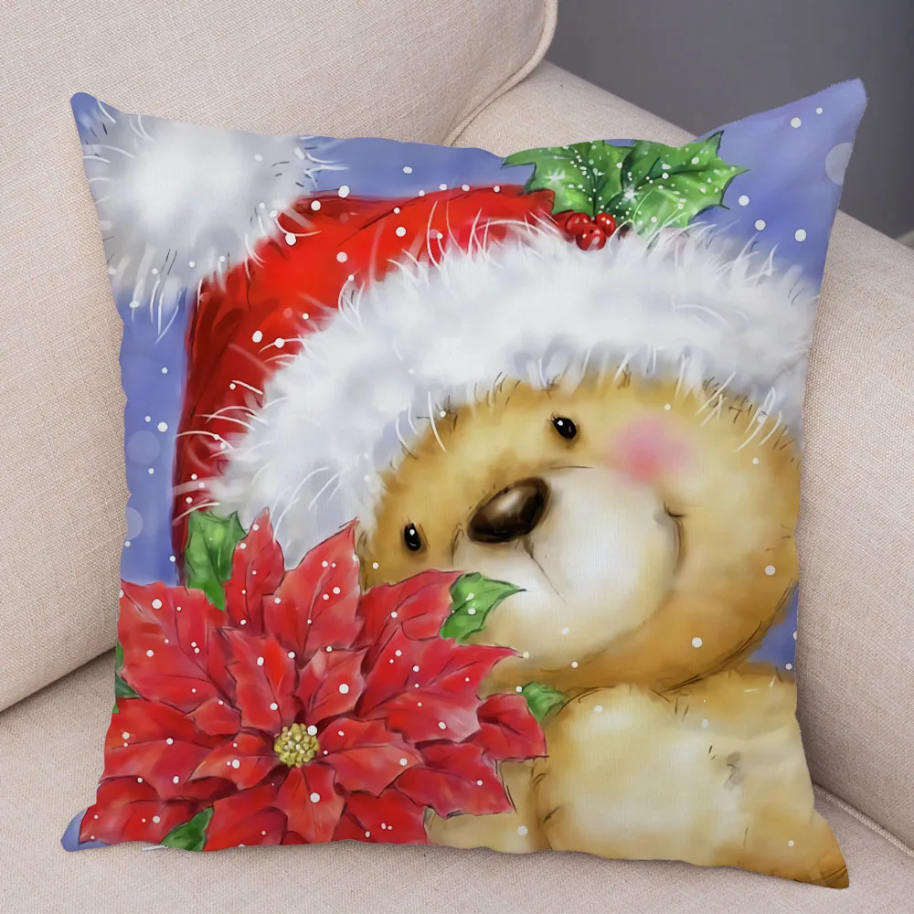 Merry Christmas Cute Cartoon Santa Claus Snowman Print Cushion Cover for Home Living Room Sofa Decoration Pillow Cover