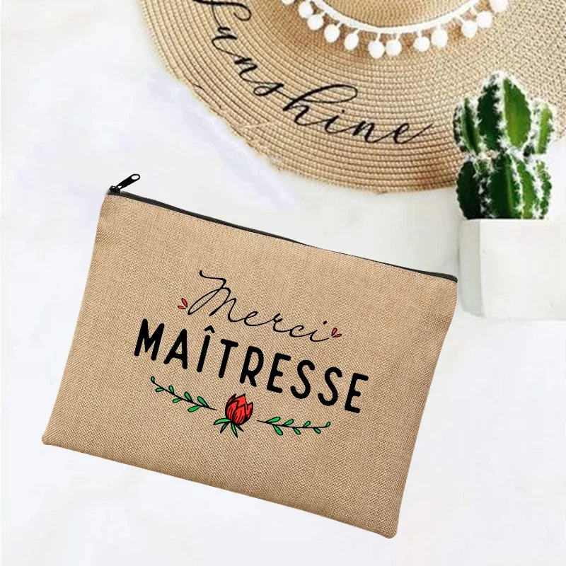 Linen Makeup Bags Thank You Teacher French Print Simple Wristlet Clutch Bag Beach Stationery Storage Travel Organizer Case Gifts makeup organizer cosmetic bag cosmetic storage bag makeup bag cosmetic case