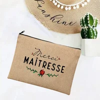 Linen Makeup Bags Thank You Teacher French Print Simple Wristlet Clutch Bag Beach Stationery Storage Travel Organizer Case Gifts 1
