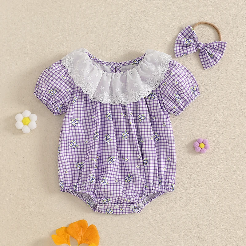 Summer Arrival Baby Girls Short Sleeves Plaid Pattern Vintage Bodysuit