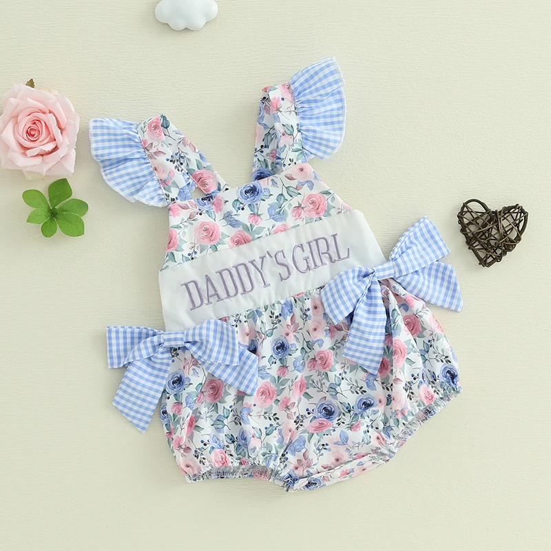 Baby Girls Romper, Fly Sleeve Flower Print Embroidery Letters Bow Infant Bodysuit Summer Clothes for Casual Daily
