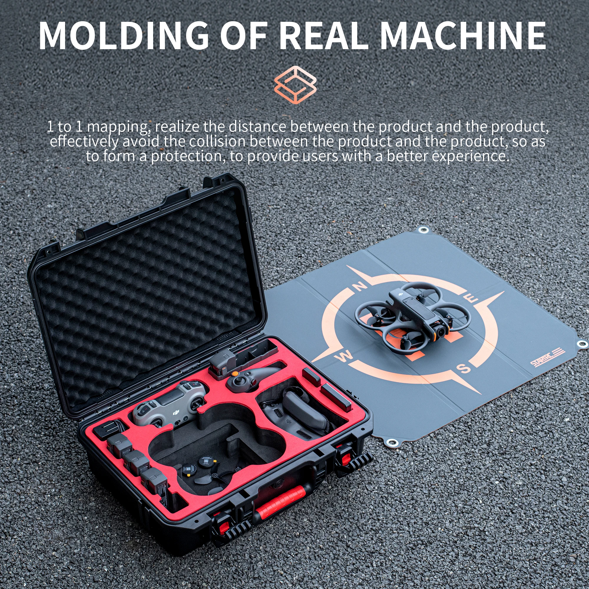 Étui rigide pour DJI Avata 2 Fly More Combo posé sur une surface rocheuse, illustrant sa protection IP67 contre l'eau et la poussière.